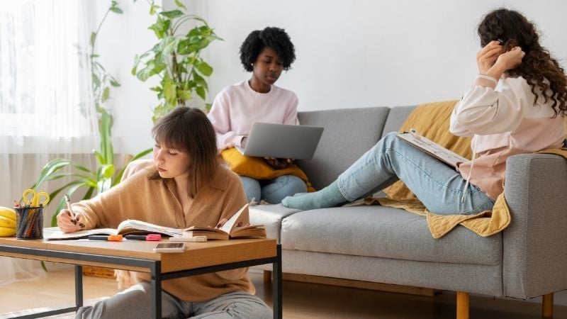 Three students occupy a bright, shared living space with natural light from the window and potted plants visible. One woman in a tan top sits at a wooden desk writing in a notebook with a pen holder nearby, whilst two others sit on a grey sofa with yellow and orange cushions, one working on a laptop and the other studying with notes. The communal scene represents young people who are student landlords themselves, illustrating the importance of understanding what the Renters' Rights Act really means for student landlords managing their own rental properties and responsibilities.