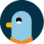 A circular icon featuring Percy the pigeon mascot, depicted as a stylised light blue bird's head with a black eye and yellow beak against a dark blue background.