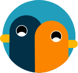 A circular icon featuring two Percy the pigeon mascots, depicted as stylised bird heads - one dark blue and one orange - each with black eyes and yellow beaks, arranged side by side against a teal background.