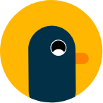 A circular icon featuring Percy the pigeon mascot, depicted as a stylised dark blue bird's head with a black eye and orange beak against a yellow background.
