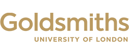 Logo for Goldsmiths University of London in a gold font.
