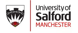 The University of Salford Manchester logo featuring a black and white shield with a crown symbol and red detail, alongside the text 'University of Salford' in black lettering with 'MANCHESTER' in red capital letters below, separated by a red vertical line