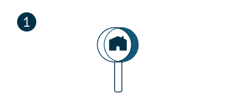 A 3D rendered magnifying glass icon in dark blue and light grey with a small house symbol visible within the circular lens, representing property search or home finding services against a white background