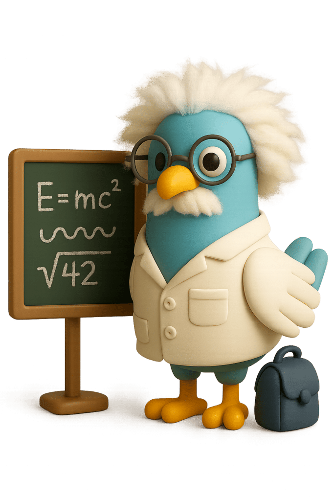 A 3D rendered character of Percy the pigeon mascot depicted as a professor or scientist, with a teal body, wild white hair, round spectacles, white moustache, and cream-coloured lab coat. The character stands beside a blackboard displaying mathematical equations including 'E=mc²', a wave symbol, and '√42', with one wing raised in a teaching gesture. A dark rucksack sits at the base of the blackboard.