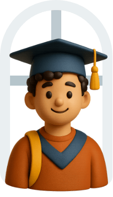 A 3D rendered cartoon character of a smiling young person with curly brown hair wearing a black graduation cap with a gold tassel and an orange sweater with blue V-neck detailing. The character has a yellow shoulder strap, likely from a backpack, and is positioned against a light grey background with a subtle circular design element.