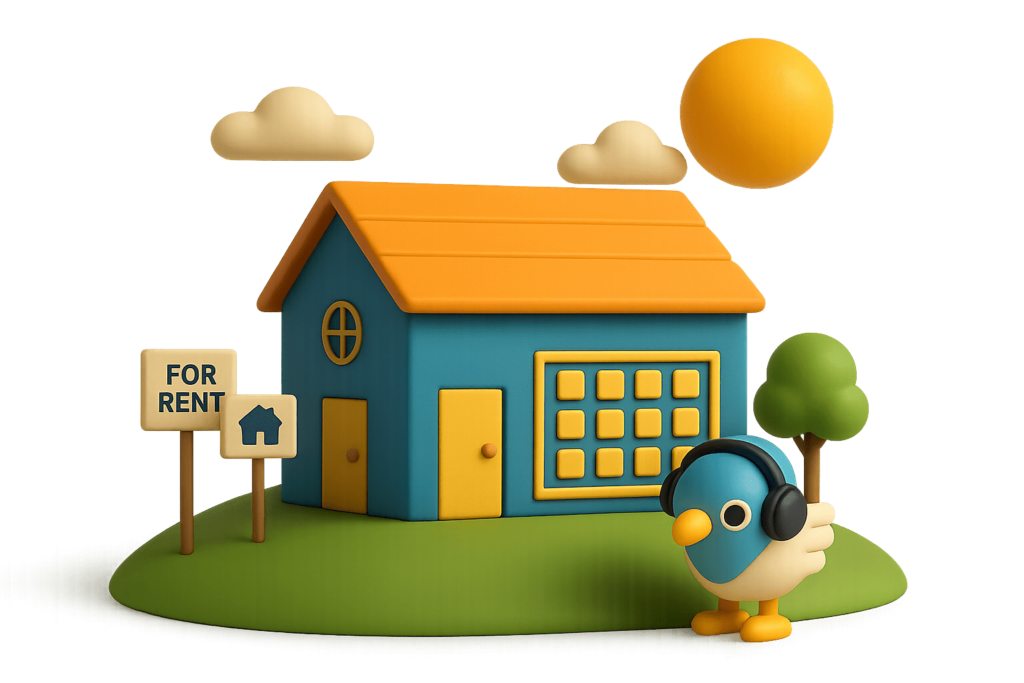 A 3D rendered scene featuring Percy the pigeon mascot with a teal body, black eye, yellow beak and feet, wearing black headphones and positioned next to a stylised blue estate agents office with orange roof and yellow doors. The scene includes 'FOR RENT' and house icon signs, a green tree, cream-coloured clouds, and a yellow sun in the sky, all set on a green circular base against a light grey background