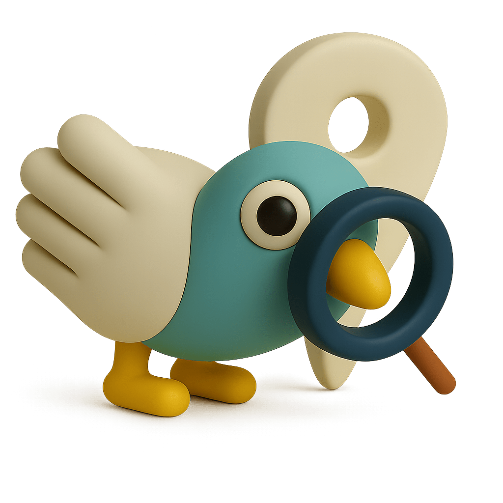 A stylised 3D Percy Pigeon (the Housing Hand mascot) with a teal oval body, single black eye, and yellow feet, holding a waving hand gesture while looking through a dark blue magnifying glass. The character has a friendly, cartoon-like appearance with smooth, rounded forms rendered in a modern 3D style against a neutral background.
