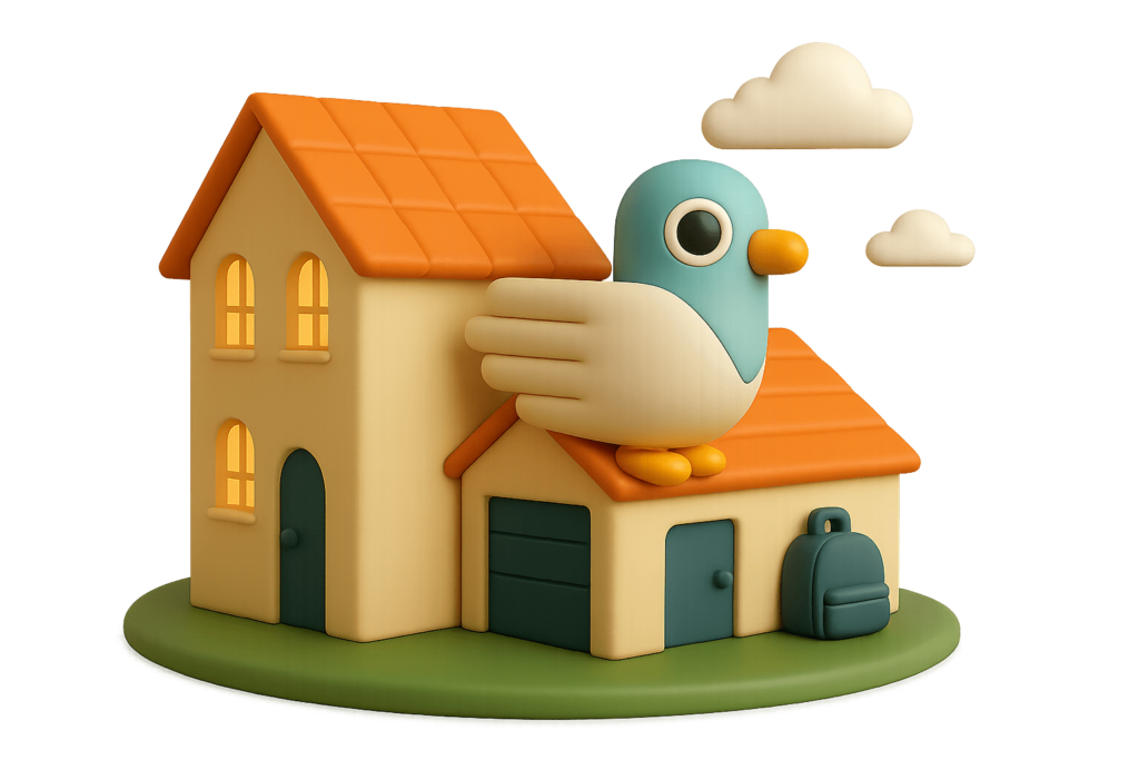 A 3D rendered illustration of Percy the pigeon mascot with a teal body, black eye, yellow beak and feet, sitting protectively on top of a cream-coloured house with an orange tiled roof. The scene includes a two-storey house with lit windows, a smaller single-storey garage, a teal rucksack on the ground, and cream-coloured clouds floating above, all set on a green circular base