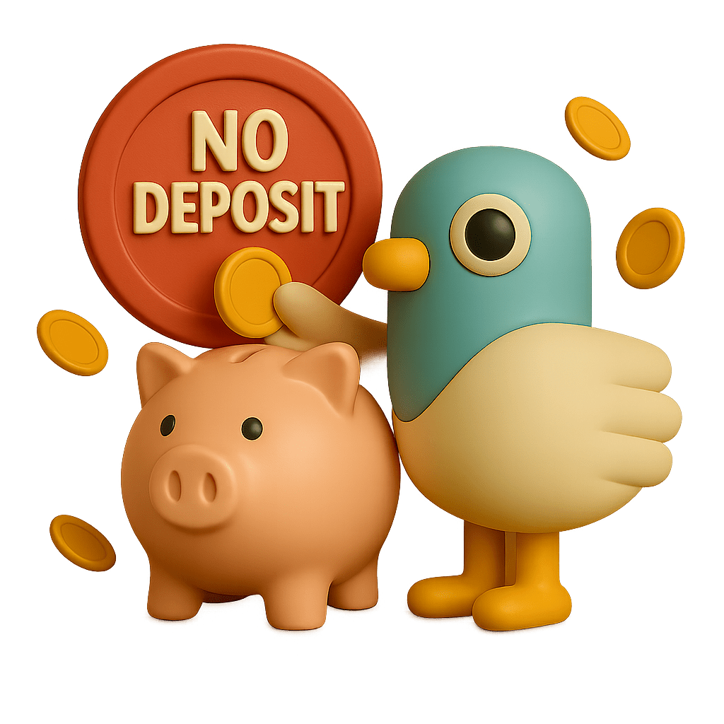 A 3D rendered illustration featuring Percy the pigeon mascot with a teal body, black eye, yellow beak and feet, standing next to a pink piggy bank. Percy is holding a large red circular badge reading 'NO DEPOSIT' in cream lettering, with golden coins scattered around the scene, suggesting deposit-free housing options against a light grey background.