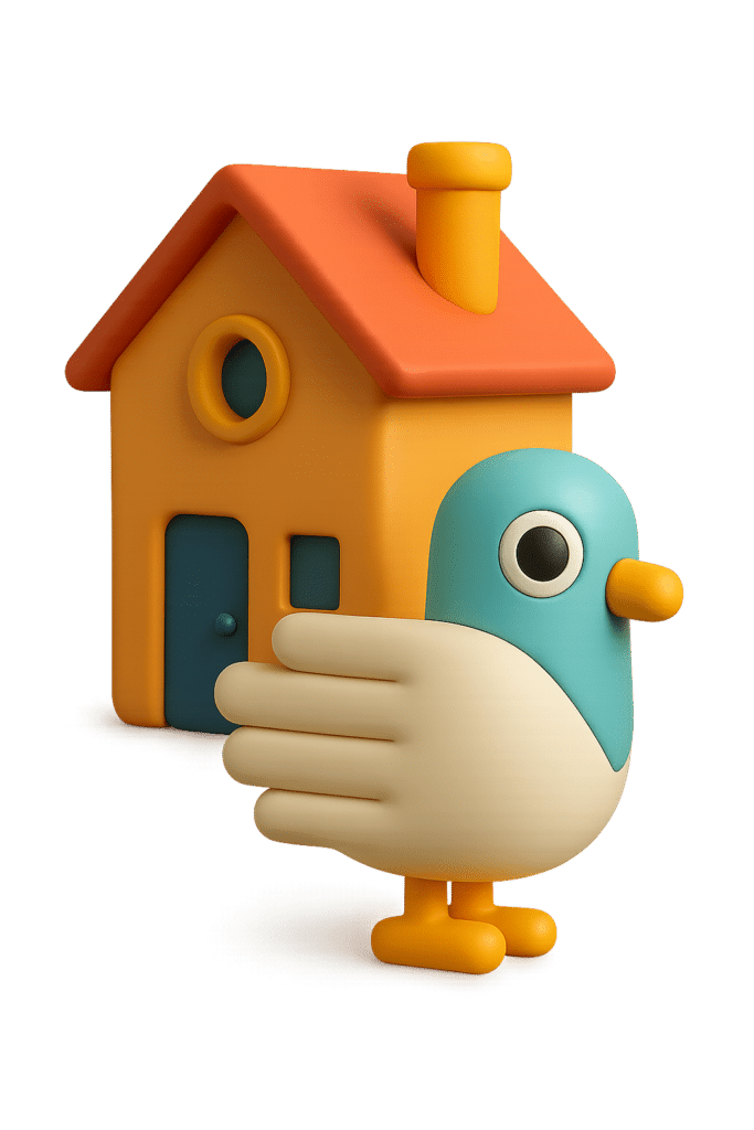 A 3D rendered scene featuring a stylised teal pigeon character with a single black eye, yellow beak, and yellow feet. There is a yellow and orange house in the background with teal door and windows, an orange roof with matching chimney, and a circular window.