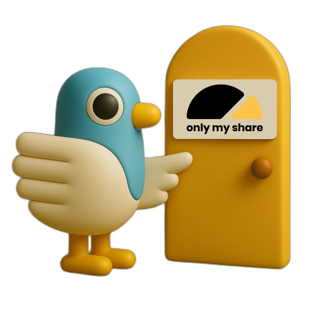 A 3D rendered illustration of Percy the pigeon mascot with a teal body, black eye, yellow beak and feet, standing next to a yellow door displaying the 'only my share' logo with black and yellow geometric shapes. Percy appears to be pointing towards or presenting the door, suggesting themes of shared accommodation or housing access, set against a white background.