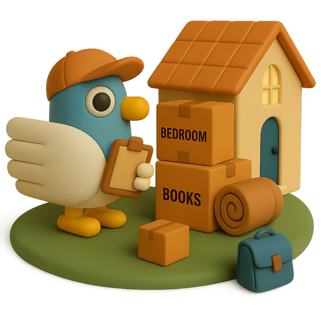 A 3D rendered moving scene featuring a teal pigeon character with a single black eye wearing a brown cap and holding a clipboard, standing on a green circular platform beside a yellow house with brown tiled roof. The scene includes brown cardboard boxes labelled 'BEDROOM' and 'BOOKS', a rolled carpet or rug, and a teal rucksack, depicting a house removal or moving day scenario against a light grey background