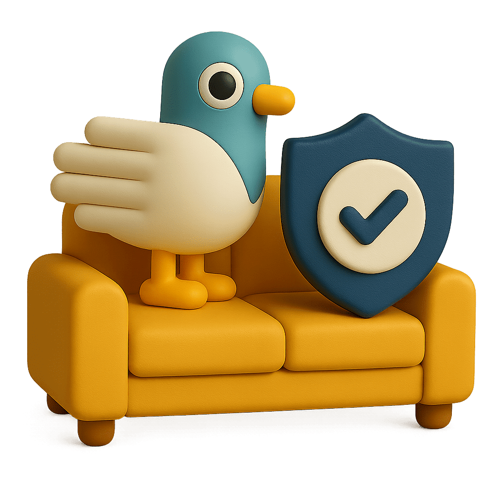 A 3D rendered illustration featuring Percy the pigeon mascot with a teal body, black eye, and yellow beak sitting on a yellow sofa or armchair, holding a dark blue shield icon with a white tick mark, suggesting verified accommodation or trusted housing services, set against a transparent background