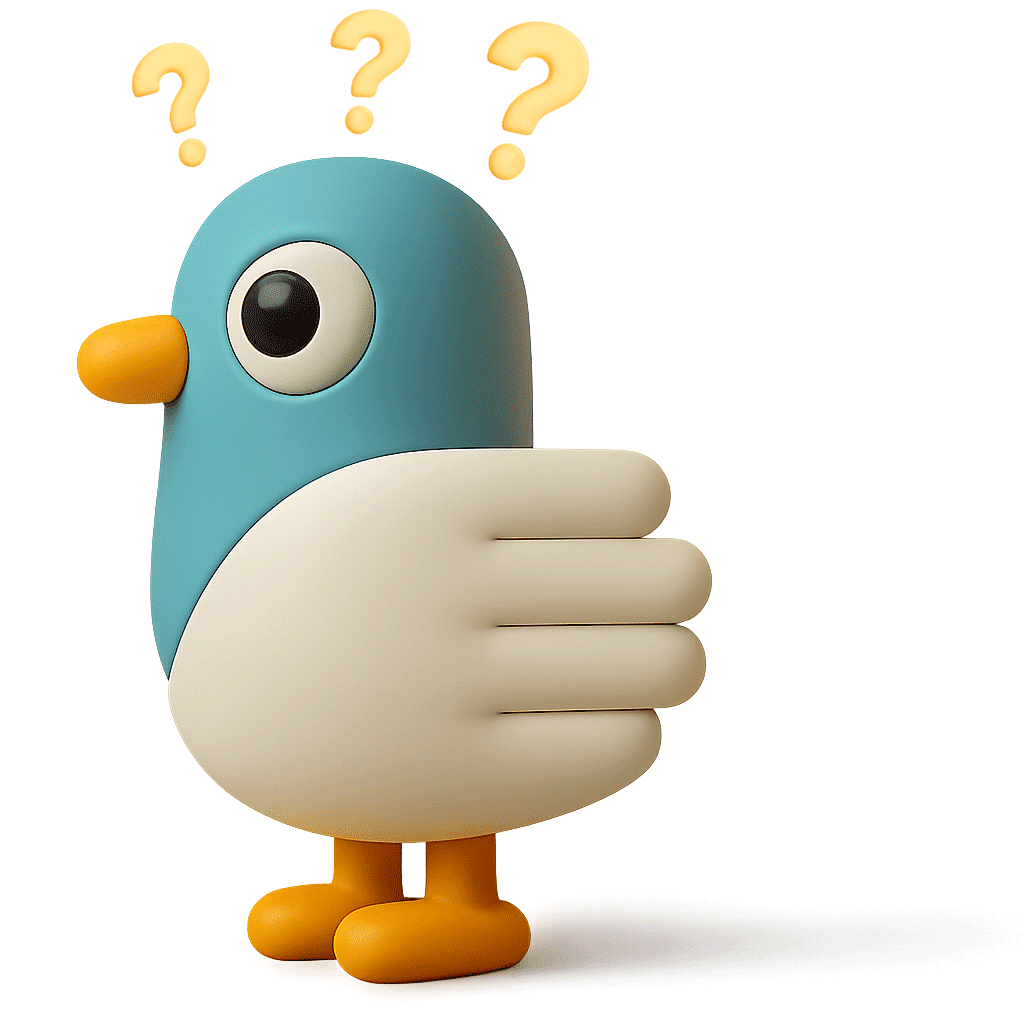 A 3D rendered illustration of Percy the pigeon mascot with a teal body, black eye, yellow beak and feet, holding cream-coloured wings in a thoughtful or questioning gesture. Three yellow question marks float above the character's head, suggesting confusion, curiosity, or the need for answers