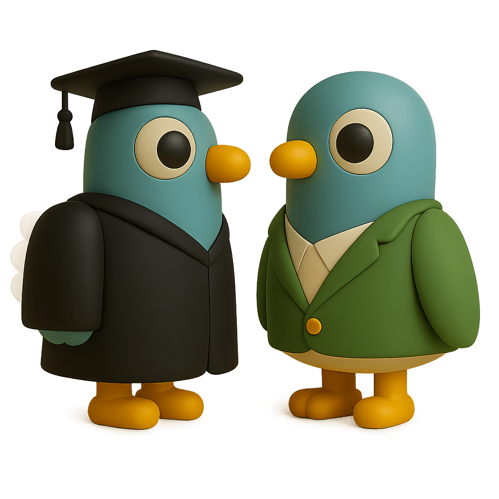 A 3D rendered illustration of two Percy the pigeon mascots standing side by side, both with teal bodies, black eyes, yellow beaks and feet. The left character wears a black graduation cap with tassel and black graduation gown, while the right character wears a green blazer with cream-coloured shirt and an orange button.