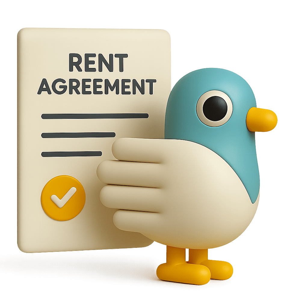 A 3D rendered illustration of Percy the pigeon mascot with a teal body, black eye, yellow beak and feet, holding a cream-coloured document titled 'RENT AGREEMENT' with horizontal lines representing text and a yellow circular tick mark at the bottom. The character appears to be presenting or displaying the rental contract