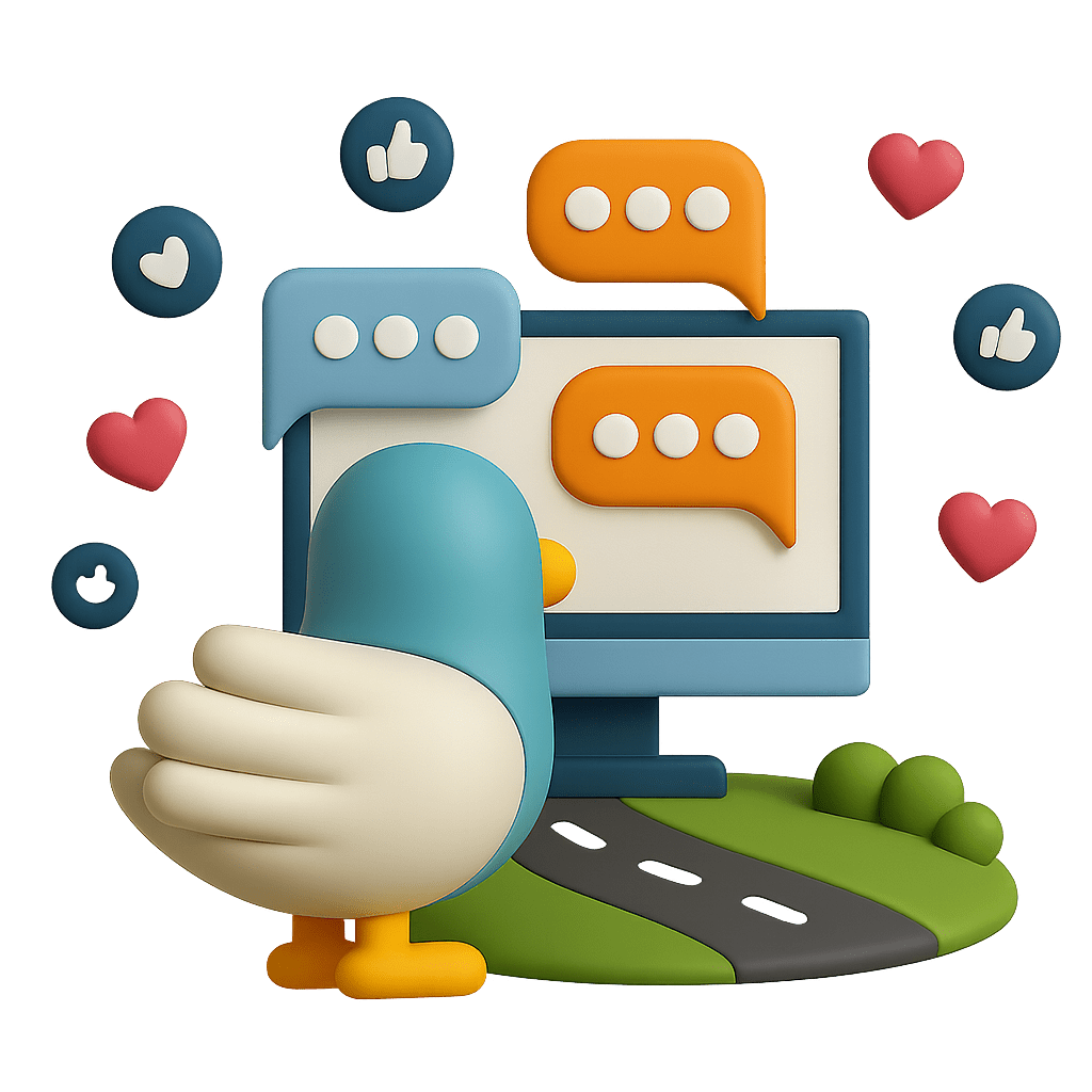 A 3D rendered illustration of Percy the pigeon mascot with a teal body, black eye, yellow beak and feet, sitting at a computer workstation. The scene shows a monitor displaying chat bubbles in teal and orange, surrounded by floating social media icons including thumbs up symbols, hearts, and other engagement icons. The character is positioned on a green platform with a road leading to it, suggesting themes of digital communication, social media management, or online customer service