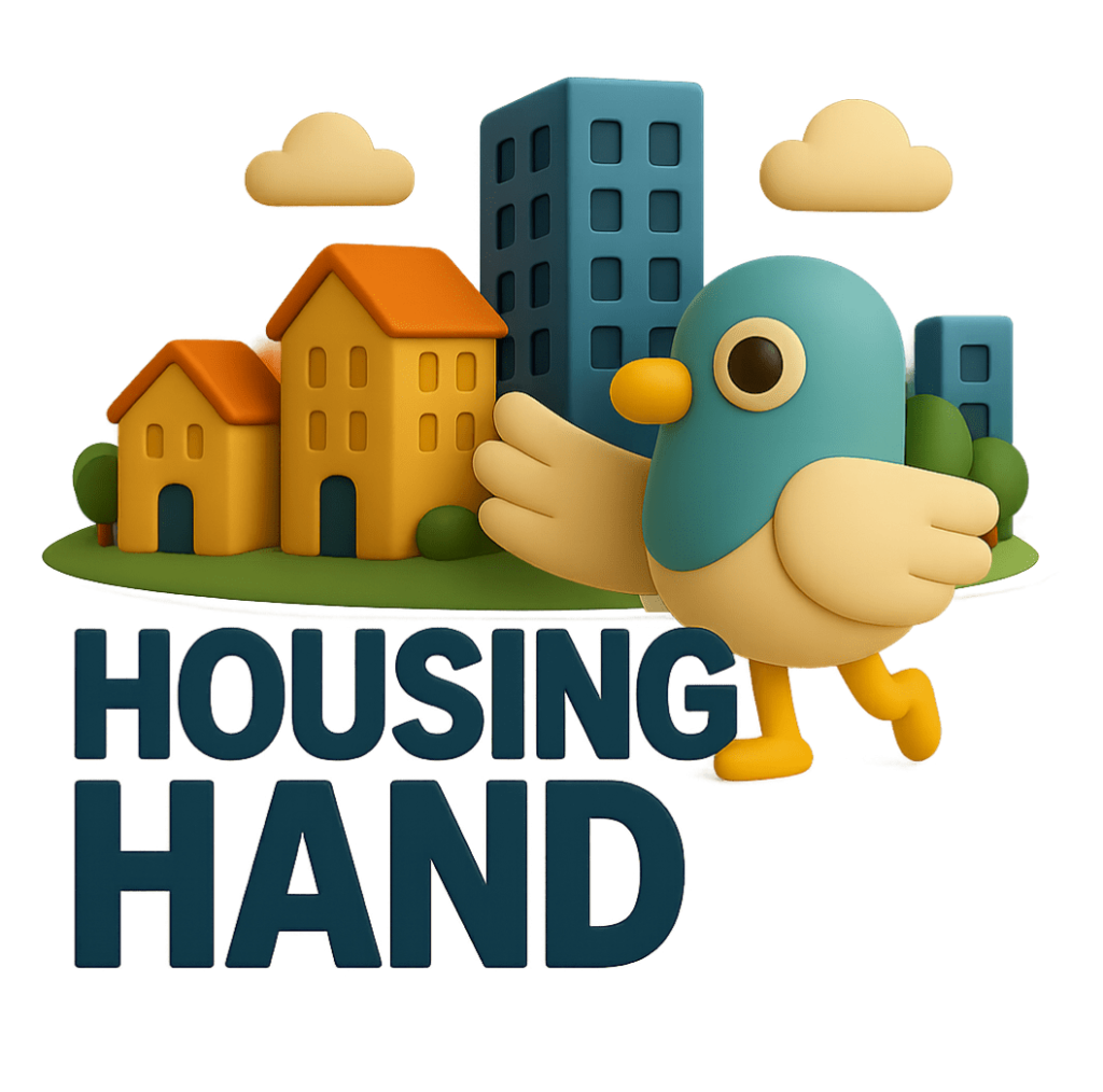 A 3D rendered illustration featuring Percy the pigeon mascot with a teal body, black eye, yellow beak and feet, positioned in front of a stylised cityscape with yellow houses with orange roofs, blue apartment buildings, green trees, and yellow clouds. The character appears to be gesturing welcomingly with cream-coloured wings. Below the scene is the text 'HOUSING HAND' in large dark blue capital letters against a light grey background