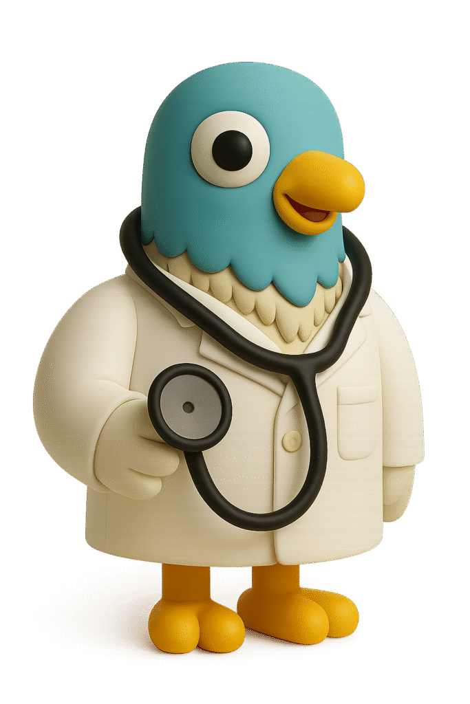 A 3D rendered character of Percy the pigeon mascot depicted as a doctor or healthcare professional, with a teal body, black eye, yellow beak and feet, wearing a cream-coloured medical coat and holding a black stethoscope. The character has a friendly appearance with detailed feather texturing around the chest area.