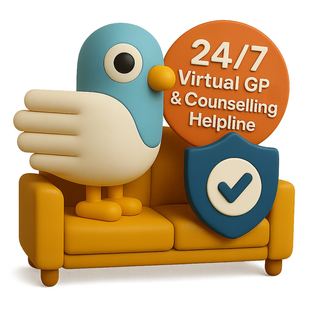 A 3D rendered illustration of Percy the pigeon mascot with a teal body, black eye, yellow beak and feet, sitting on a yellow sofa next to a blue shield with a white tick mark. Behind Percy is an orange circular badge displaying '24/7 Virtual GP & Counselling Helpline' in white text, highlighting the healthcare and mental health support services included with the guarantor service