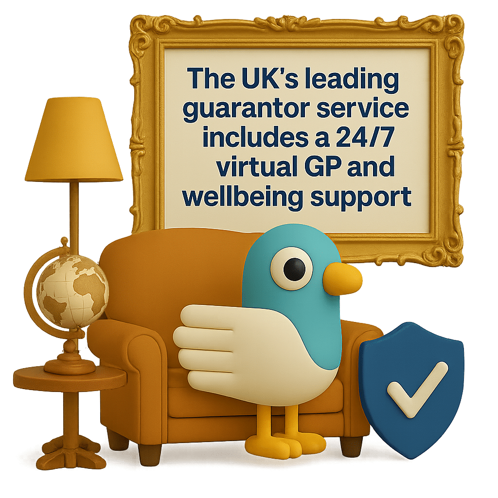 A 3D rendered scene featuring Percy the pigeon mascot with a teal body, black eye, yellow beak and feet, sitting on a brown leather armchair next to a blue shield with a white tick mark. Behind Percy is an ornate gold-framed picture displaying the text 'The UK's leading guarantor service includes a 24/7 virtual GP and wellbeing support' in dark blue lettering. The scene includes a side table with a golden globe and table lamp, creating a professional, homely atmosphere