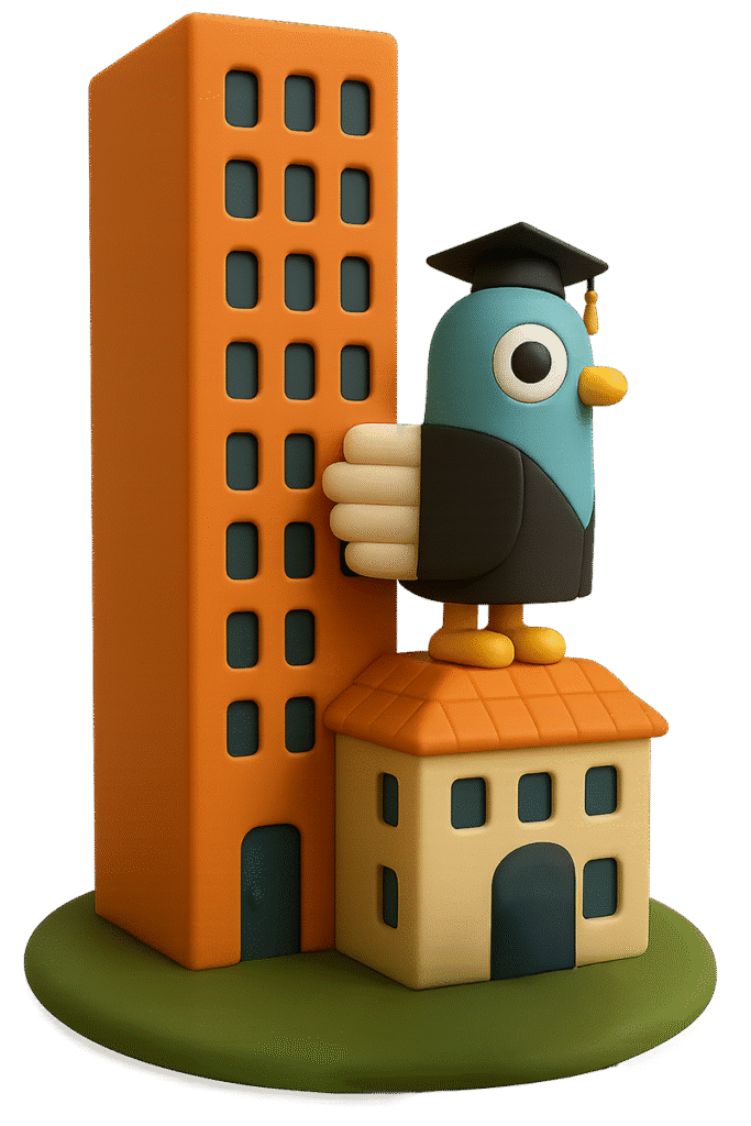 A 3D rendered illustration featuring Percy the pigeon mascot with a teal body, black eye, yellow beak and feet, wearing a black graduation cap with gold tassel and black graduation gown. The character is positioned on top of a yellow house with an orange roof, next to a tall orange apartment building, all set on a green circular base. Percy appears to be holding or touching the building with a cream-coloured wing, suggesting themes of student housing or graduate accommodation against a light grey background