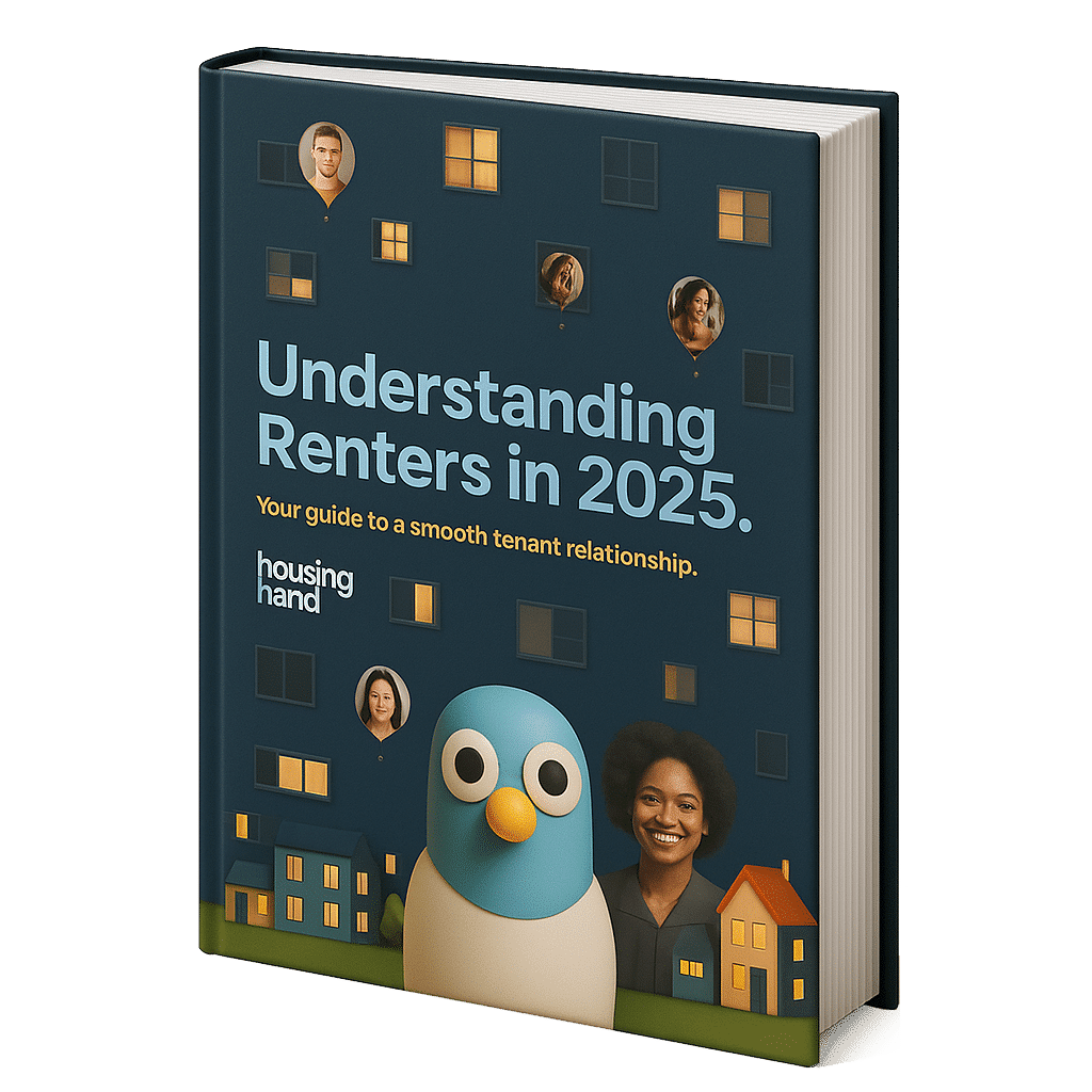 A 3D rendered book cover titled 'Understanding Renters in 2025' with the subtitle 'Your guide to a smooth tenant relationship' displayed on a dark blue background. The cover features Percy the pigeon mascot with a teal body, black eyes, yellow beak and cream-coloured chest positioned prominently alongside diverse portrait photos of people and stylised apartment building windows with yellow lighting. The Housing Hand logo appears in white text at the bottom left.