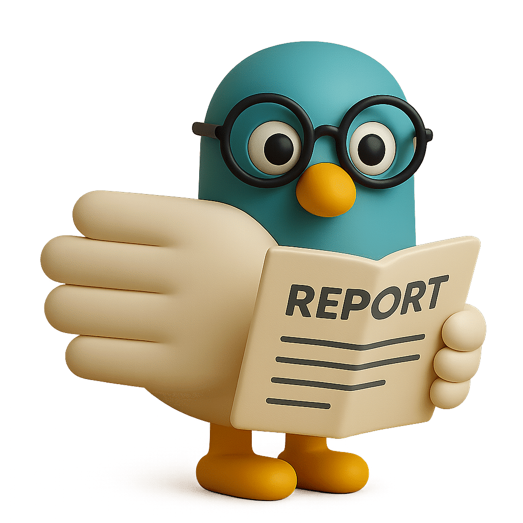 A 3D rendered character of Percy the pigeon mascot with a teal body, black eyes, yellow beak and feet, wearing black round spectacles and holding a cream-coloured document or folder labelled 'REPORT' with horizontal lines representing text.