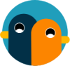 A circular icon featuring two Percy the pigeon mascots, depicted as stylised bird heads - one dark blue and one orange - each with black eyes and yellow beaks, arranged side by side against a teal background.