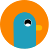 A circular icon featuring Percy the pigeon mascot, depicted as a stylised teal bird's head with a black eye and yellow beak against an orange background