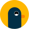 A circular icon featuring Percy the pigeon mascot, depicted as a stylised dark blue bird's head with a black eye and orange beak against a yellow background.